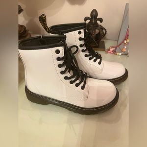 Girls Dr Martens white patent leather boots